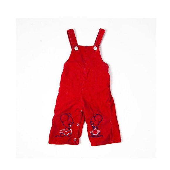 70s red corduroy embroidered mice overalls 12-18 months / cute red overalls / in - Picture 1 of 3